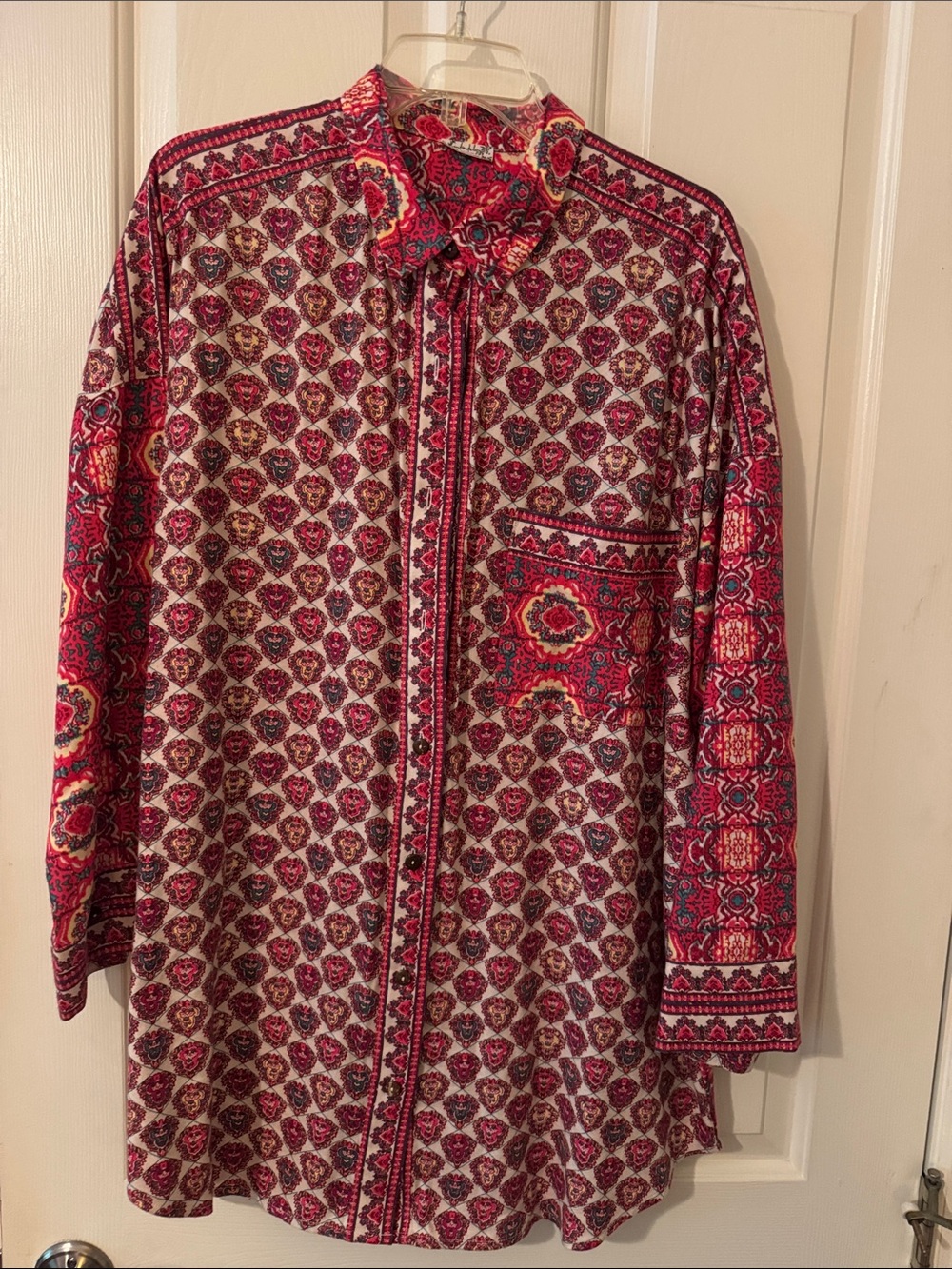 Women's Red/Pink Patterned Button-Up Pajama top